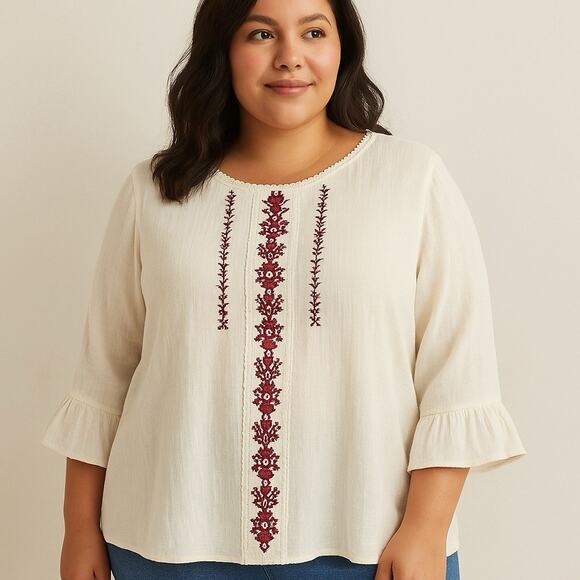 PERCH Cream Boho Peasant Top Blouse Embroidered Bohemian Folk Festival XL-2X Fit - Picture 1 of 10